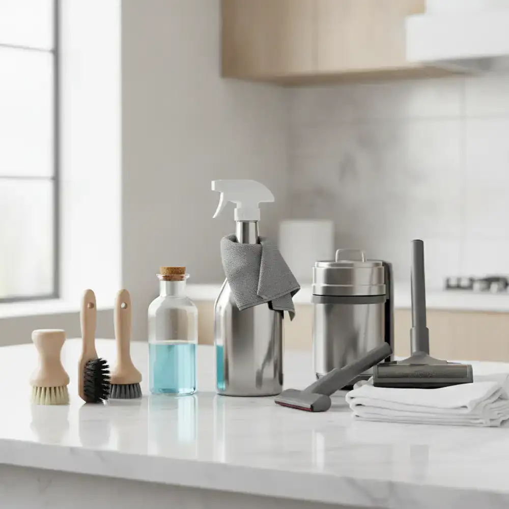 Professional cleaning tools arranged on a pristine surface