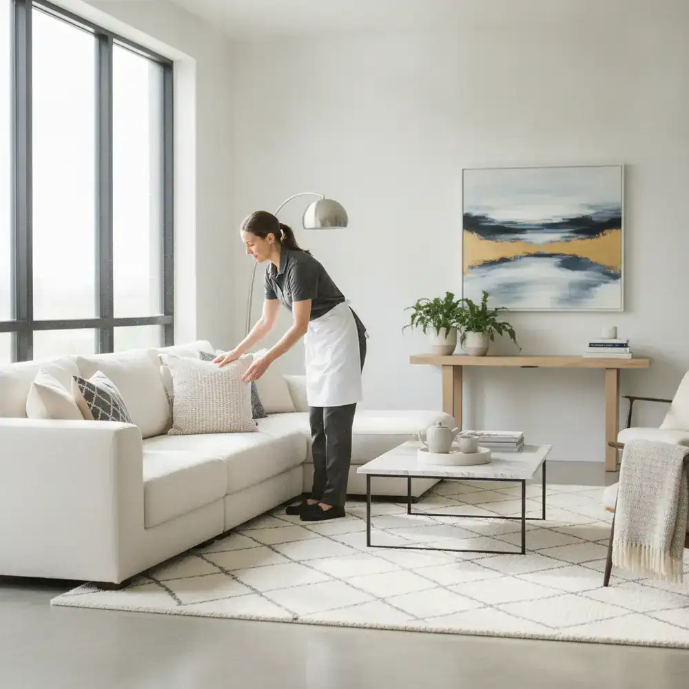Professional cleaner organizing a beautifully decorated living room