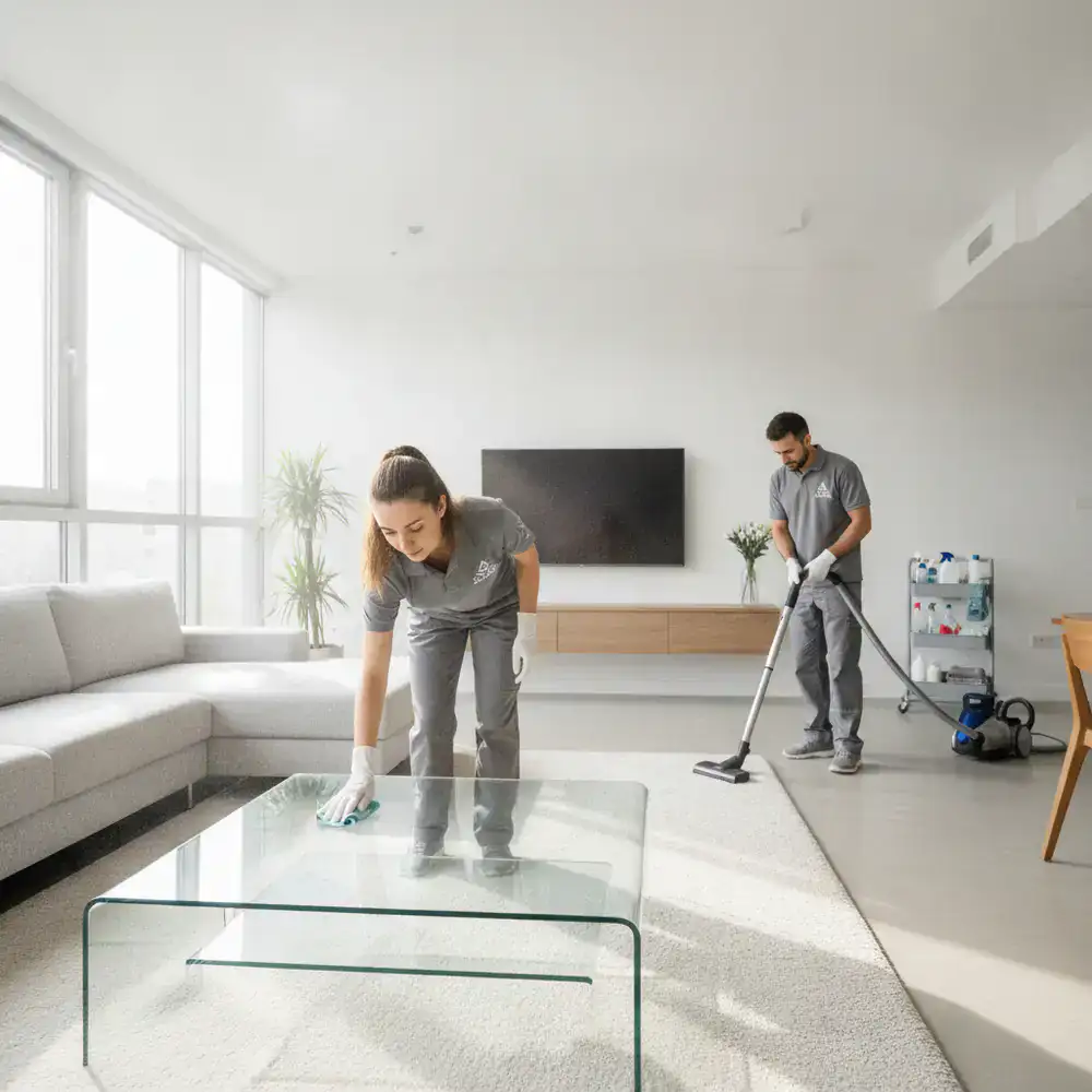 Cleaning professionals maintaining a modern pristine living space